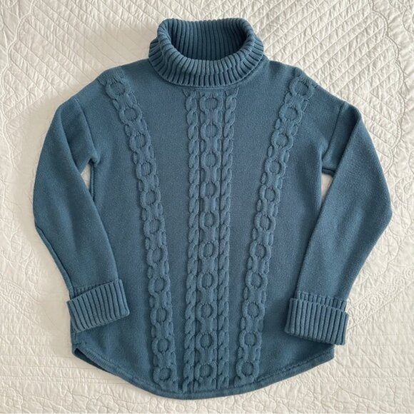 LL Bean Cable Knit Turtleneck Sweater Pullover Thick Cotton Fisherman Teal - Picture 2 of 10